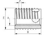 Schematische tekening van een zaagblad in zijaanzicht, met tanden en groeven, genoteerde afmetingen: A, B, E, en P. Bevat tekst 'E', 'A', 'B', en 'P'.