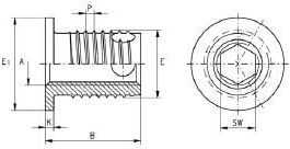 Technische tekening van een inbusbout (object) met schroefdraad (actie) getoond met zijaanzicht en bovenaanzicht, voorzien van maataanduidingen. Tekst in de afbeelding: 'E1, A, P, K, B, E, SW.'