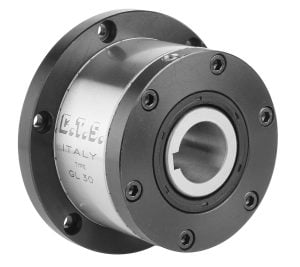 CTS GL30 Koppeling Mechanisch Component Italië Een cilindrische machinecomponent met schroeven en een centrale opening, omgeven door een metalen behuizing. Tekst op de metalen behuizing: 'C.T.S. ITALY TYPE GL 30'. Geplaatste context onbekend.